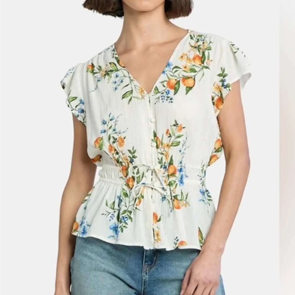 Time and Tru White Oranges Floral Blouse Peplum Top with Flutter Sleeves Size M